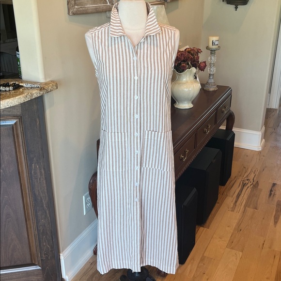 Dresses & Skirts - Comfy Cotton Tan White Striped Shirt Dress New Midi